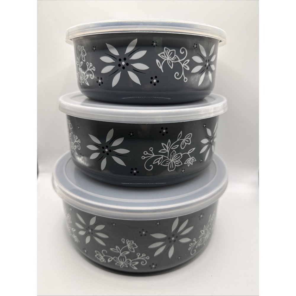 Temptations Stainless Steel Bowls With Lids/ Set of 3 Old World/Floral Lace Gray